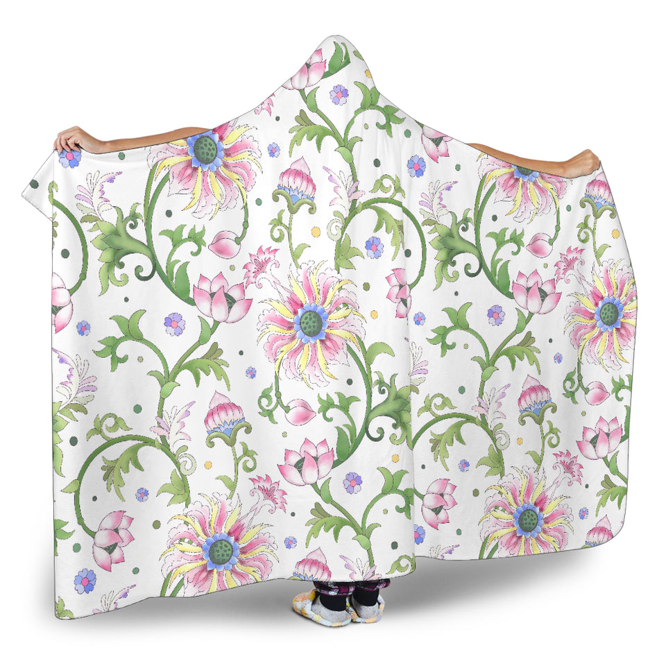 Beautiful Pink Lotus Waterlily Leaves Pattern Hooded Blanket