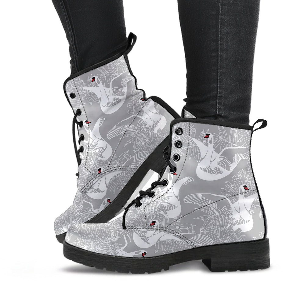 White Swan Gray Background Leather Boots
