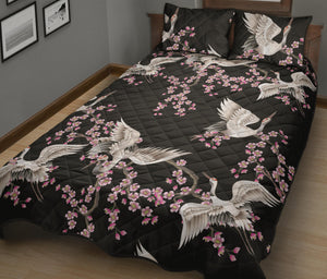 Japanese crane pink sakura pattern Quilt Bed Set