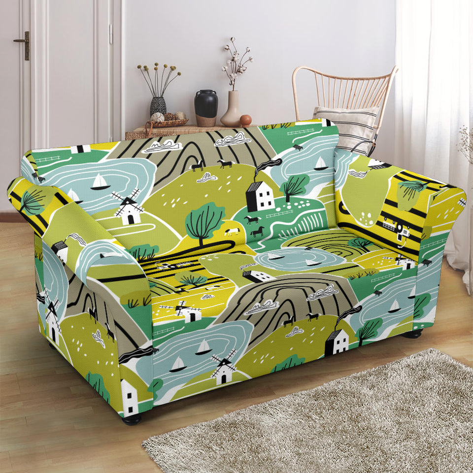 Hand Drawn Windmill Pattern Loveseat Couch Slipcover