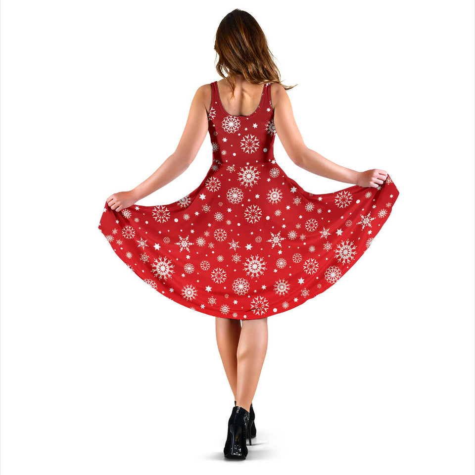 Snowflake Pattern Red Background Sleeveless Midi Dress