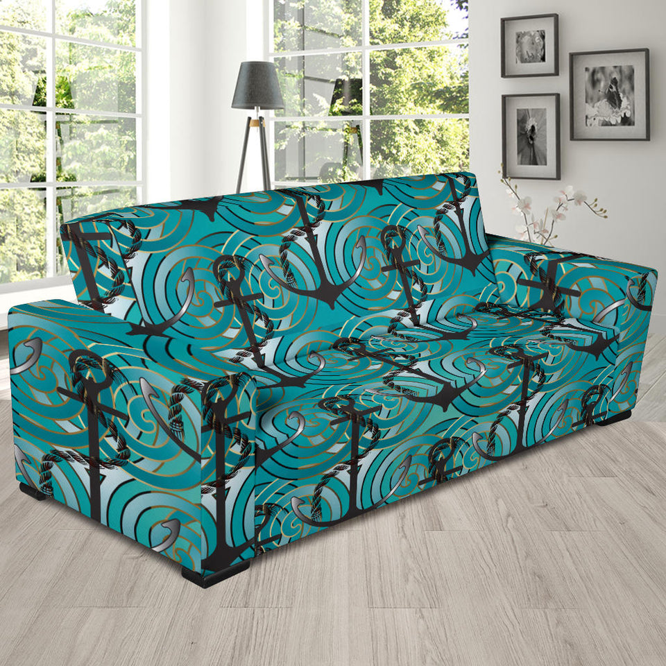 Anchor Nautical Green Background Sofa Slipcover