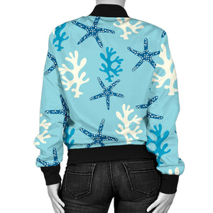 Blue Starfish Coral Reef Pattern Women'S Bomber Jacket