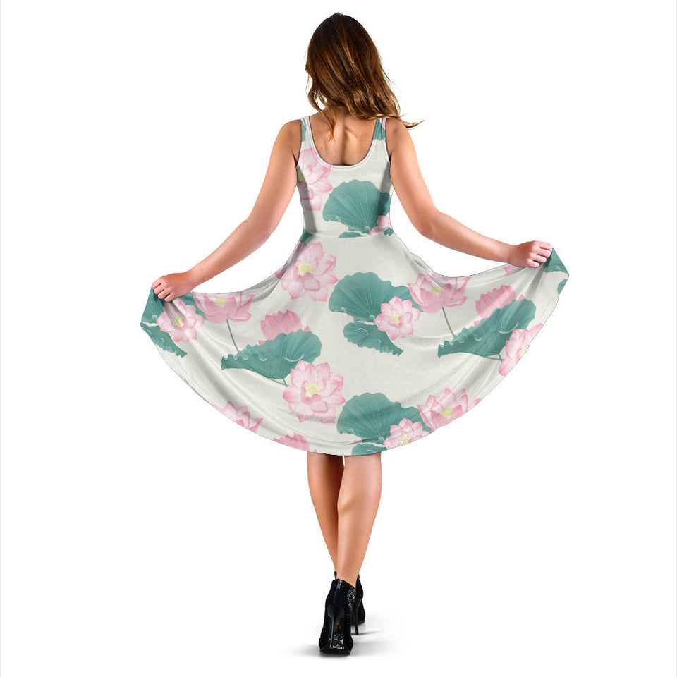 Pink Lotus Waterlily Leaves Pattern Sleeveless Midi Dress
