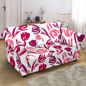 Pink Sketch Tulip Pattern Loveseat Couch Slipcover