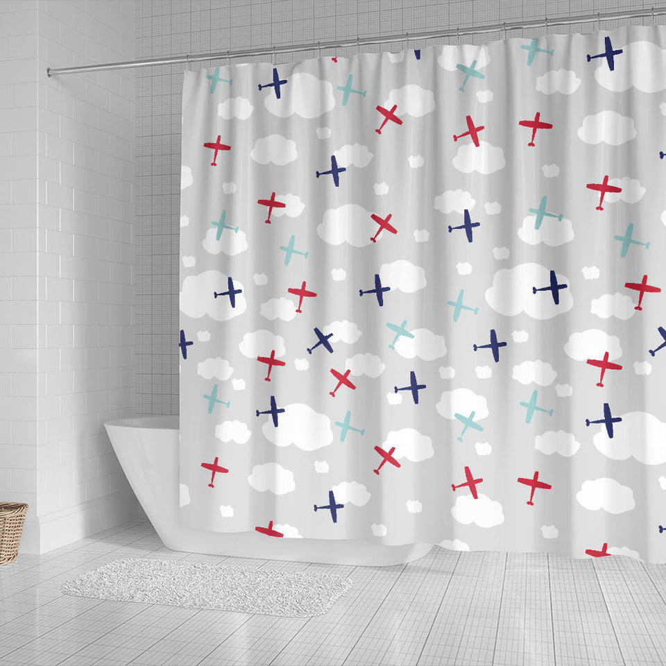 Airplane Cloud Grey Background Shower Curtain Fulfilled In US
