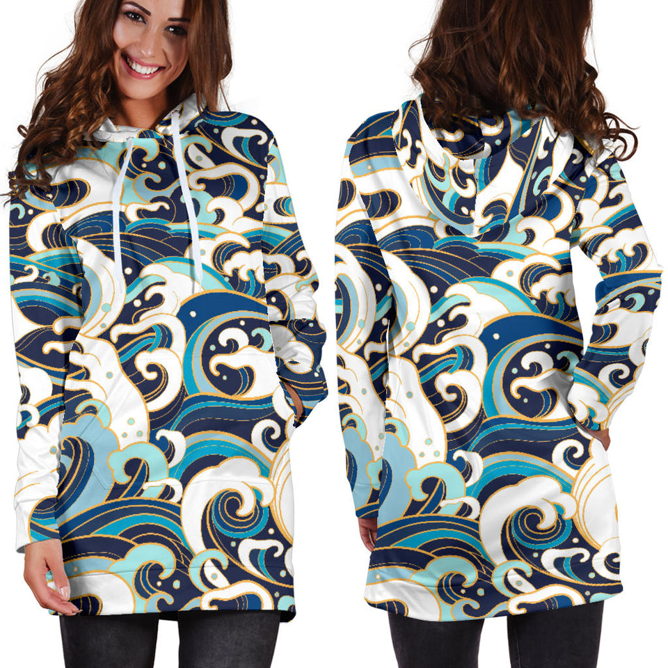 Japanese Wave Pattern Women'S Hoodie Dress