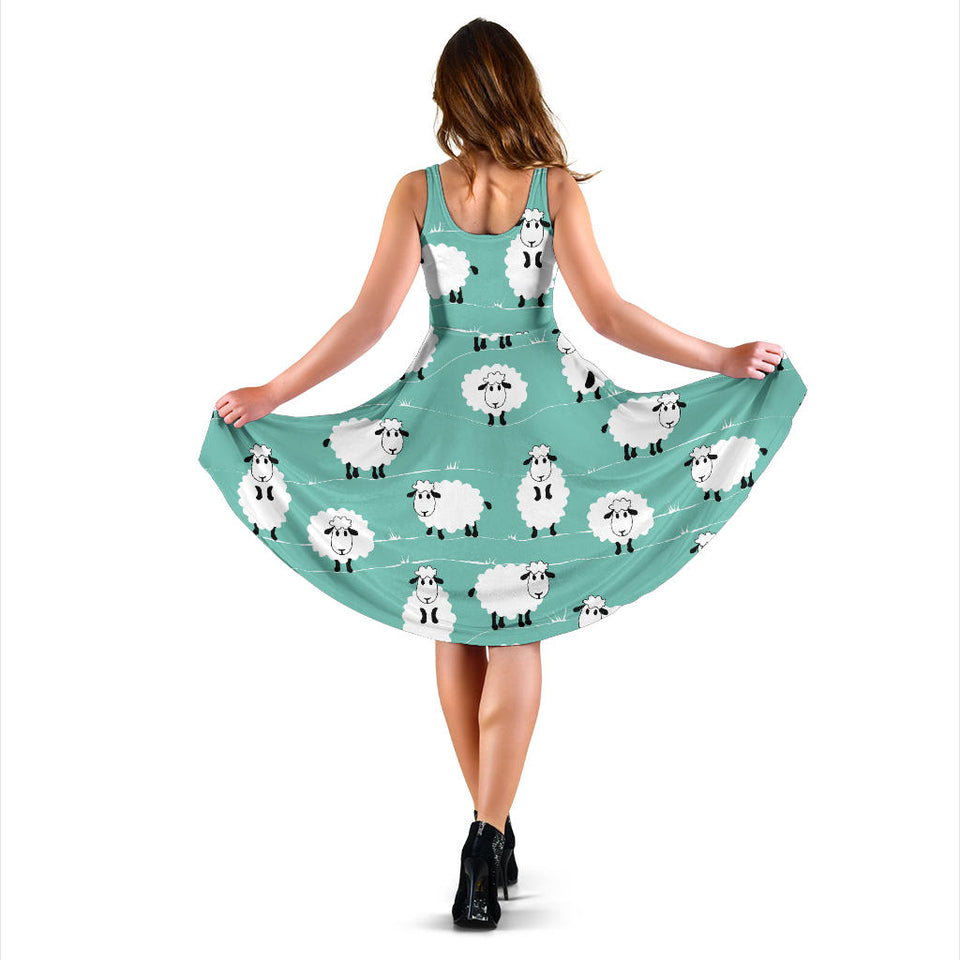 Cute Sheep Green Background Sleeveless Midi Dress