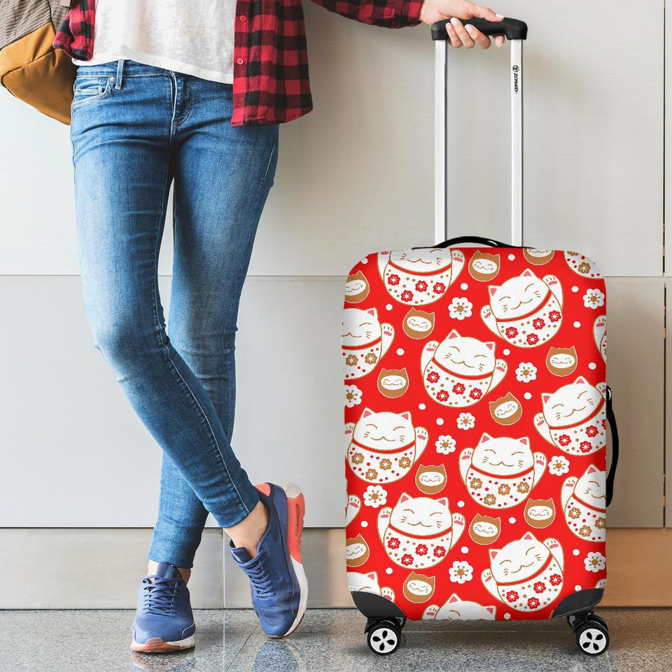 Cute Maneki Neko Lucky Cat Red Background Cabin Suitcases Luggages