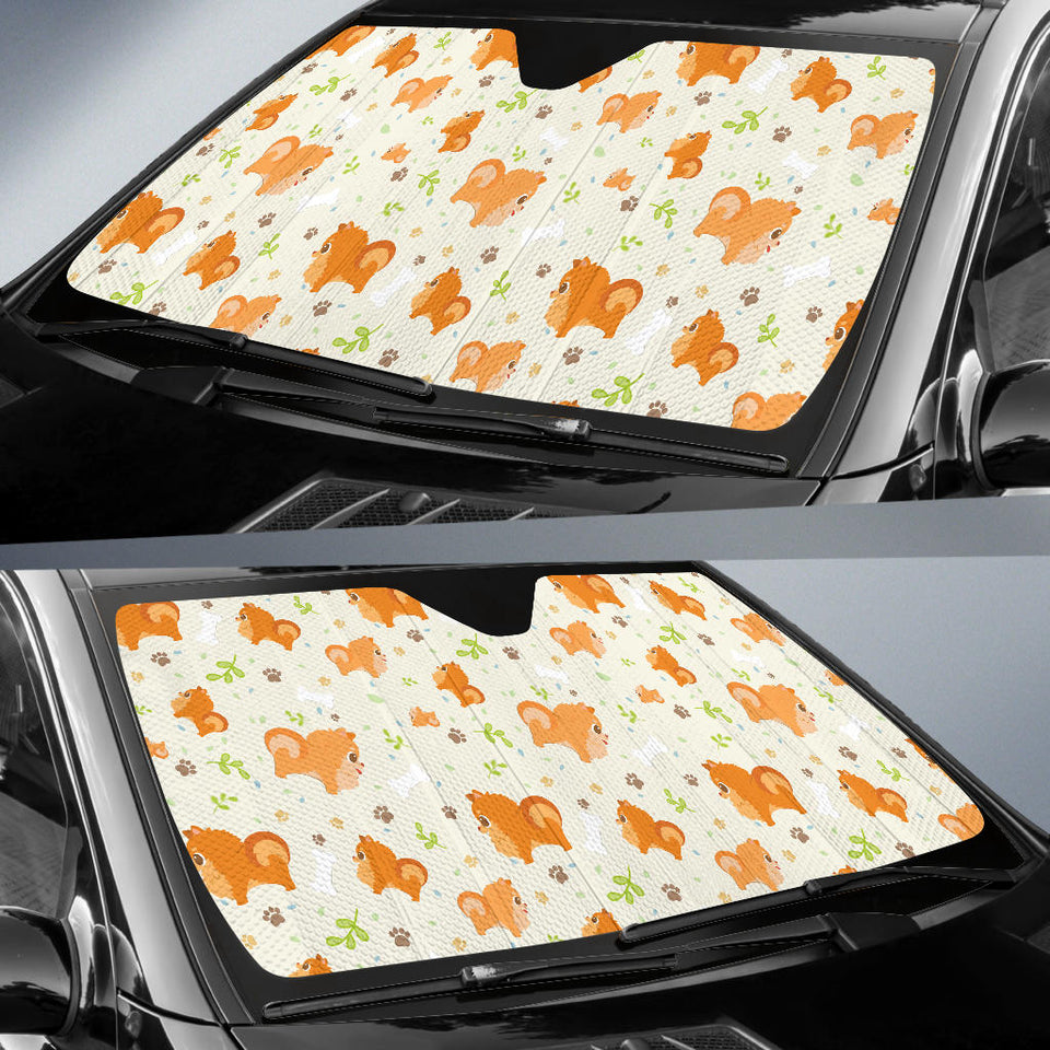 Cute Brown Pomeranian Paw Leave Bone Pattern Car Sun Shade