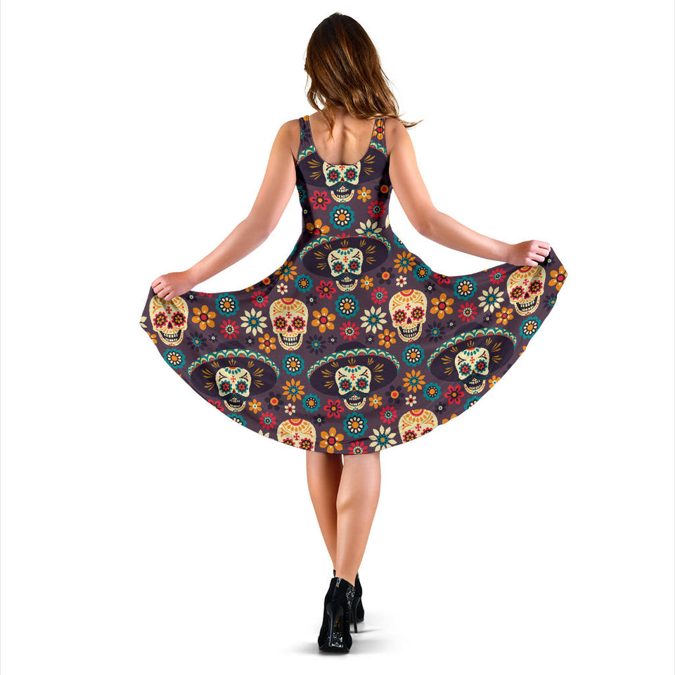 Sugar Skulls Flower Maxican Pattern Sleeveless Midi Dress