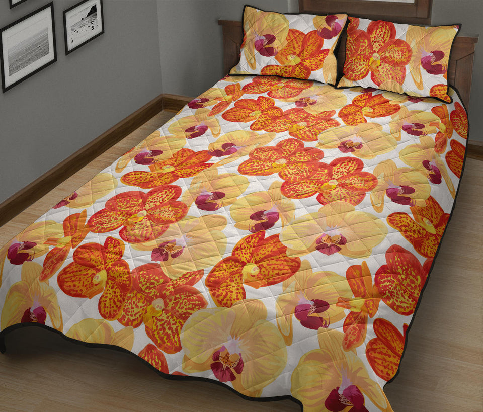 Orange yellow orchid flower pattern background Quilt Bed Set