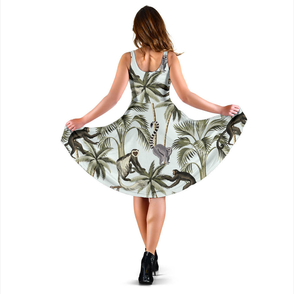 Monkey Sloth Lemur Palm Trees Pattern Sleeveless Midi Dress