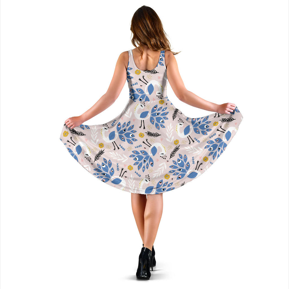 Cute Peacock Pattern Sleeveless Midi Dress