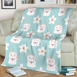 Maneki Neko Lucky Cat Sakura Premium Blanket