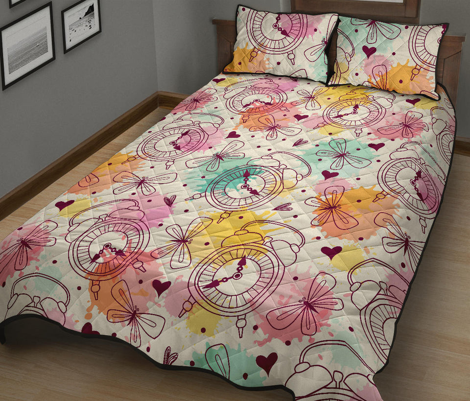 Clock butterfly pattern Quilt Bed Set