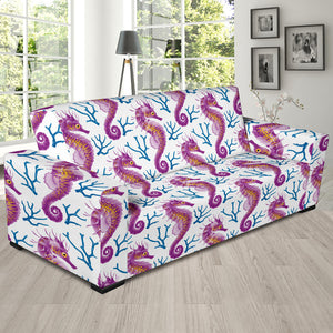 Purple Seahorse Blue Coral Pattern Sofa Slipcover
