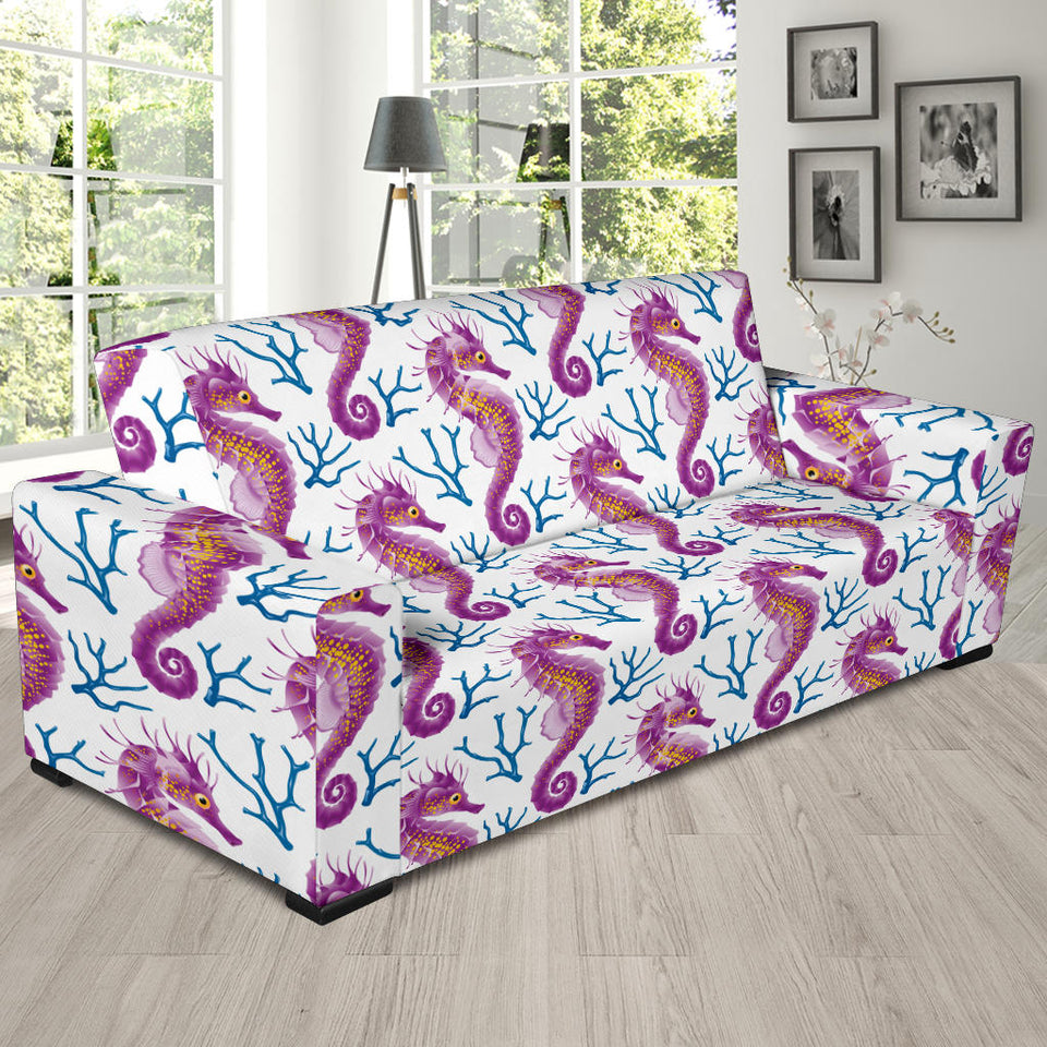 Purple Seahorse Blue Coral Pattern Sofa Slipcover