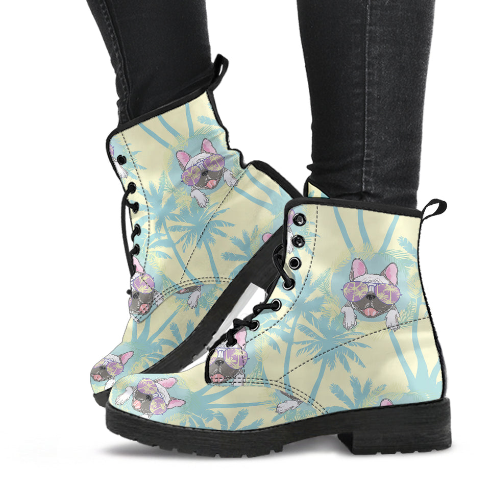 French Bulldog Hawaii Blackground Leather Boots