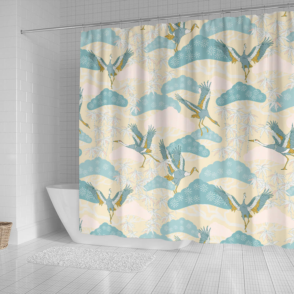 Bonsai Bamboo Stork Japanese Pattern Cream Theme Shower Curtain Fulfilled In US