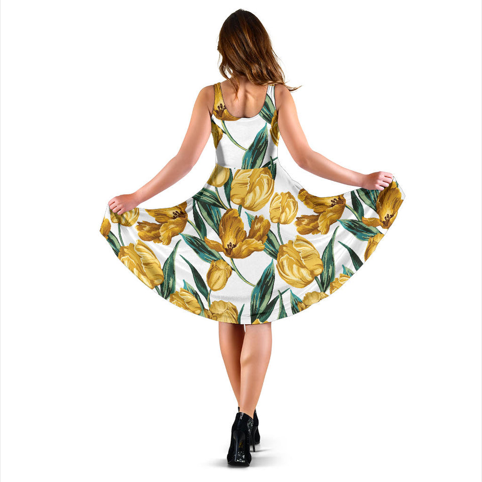 Yellow Tulips Pattern Sleeveless Midi Dress
