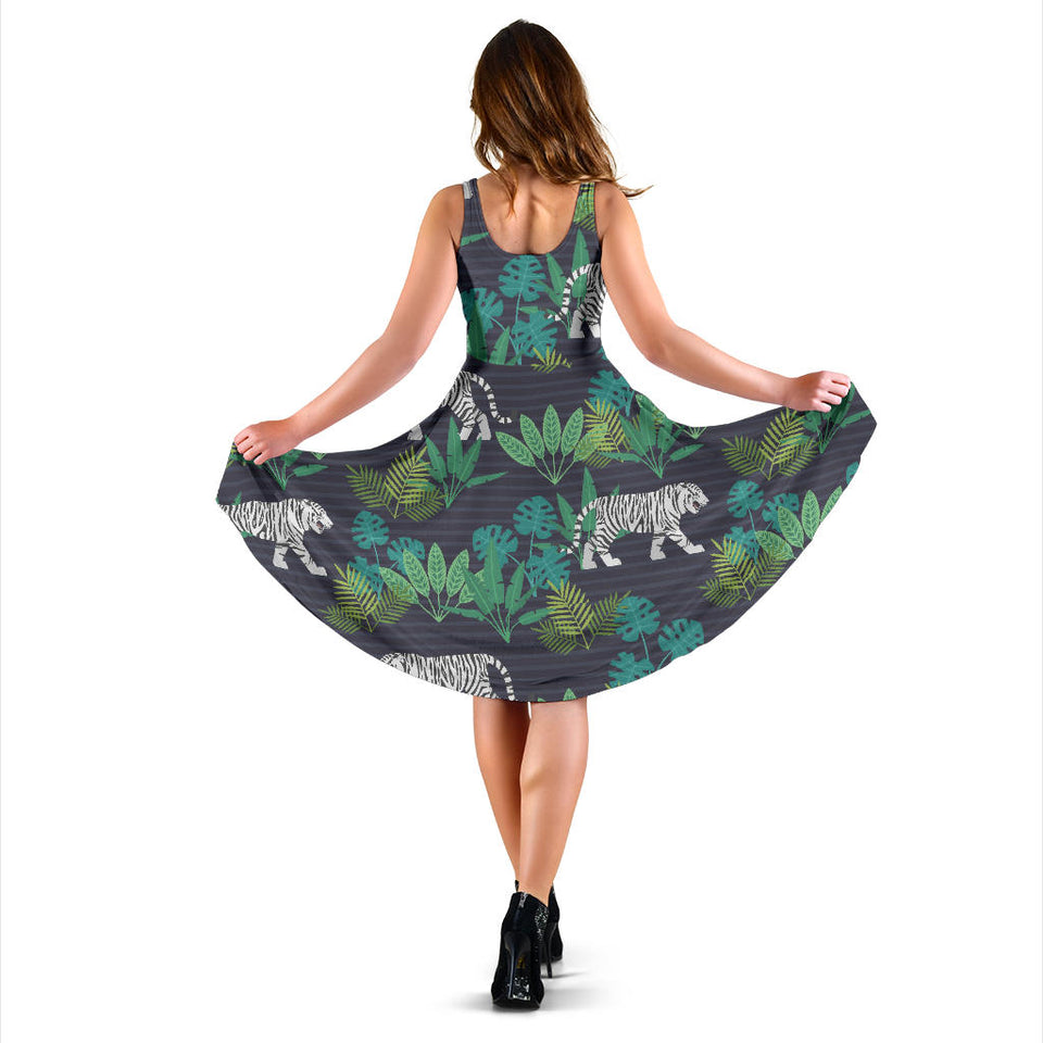 White Bengal Tigers Tropical Plant Sleeveless Midi Dress