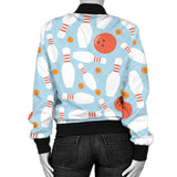 Bowling Ball Bowling Pins Blue Blackground Women'S Bomber Jacket