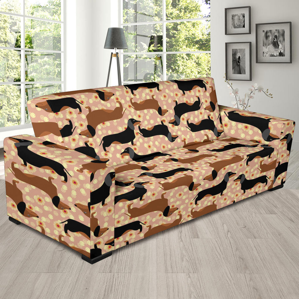 Dachshund Floral Background Sofa Slipcover