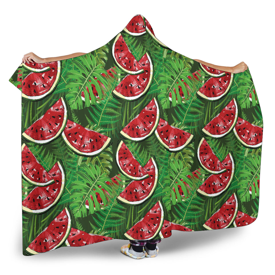 Watermelons Tropical Palm Leaves Pattern Background Hooded Blanket