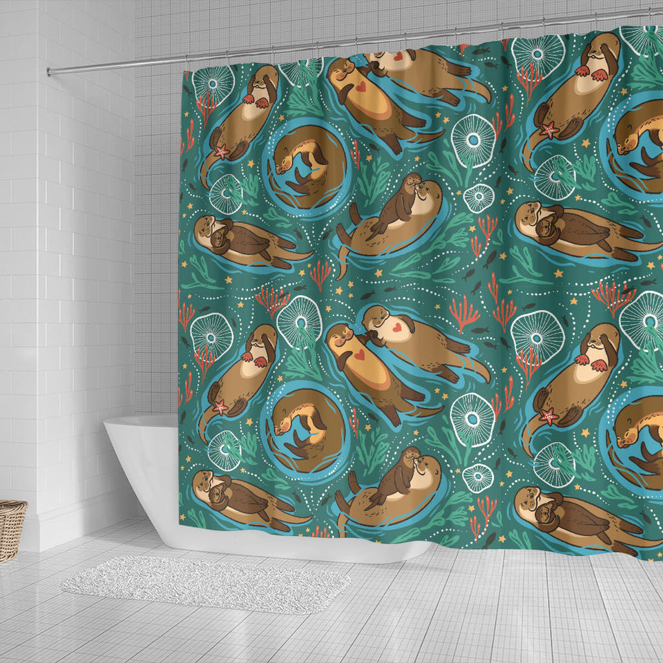 Cute Brown Sea Otters Ornamental Seaweed Corals Green Water Shower Curtain Fulfilled In US