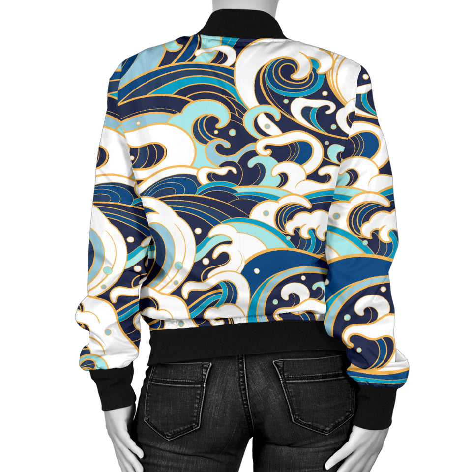 Japanese Wave Pattern Women'S Bomber Jacket