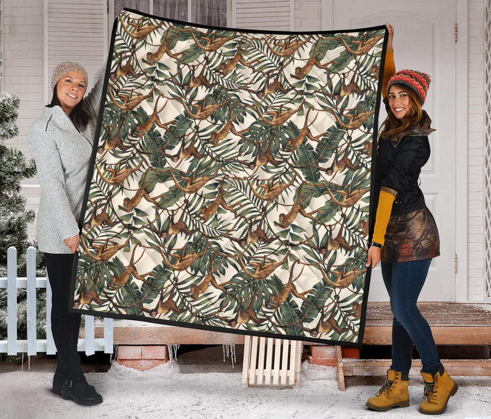 Monkey Tropical Leaves Background Premium Quilt