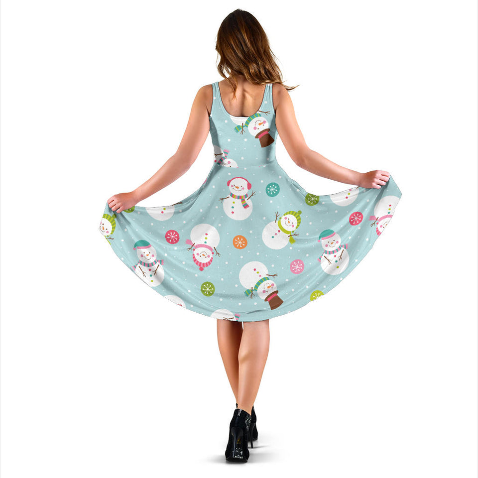 Cute Snowman Snowflake Pattern Sleeveless Midi Dress