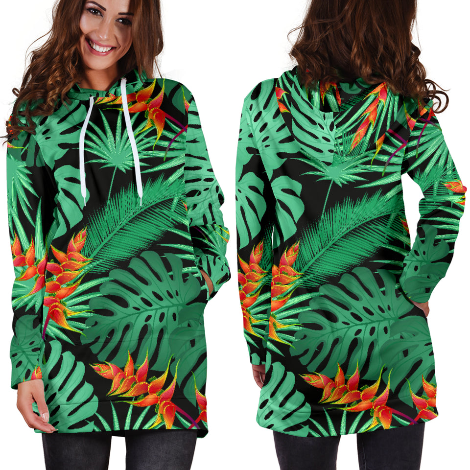 Heliconia Flower Palm Monstera Leaves Black Background Women'S Hoodie Dress