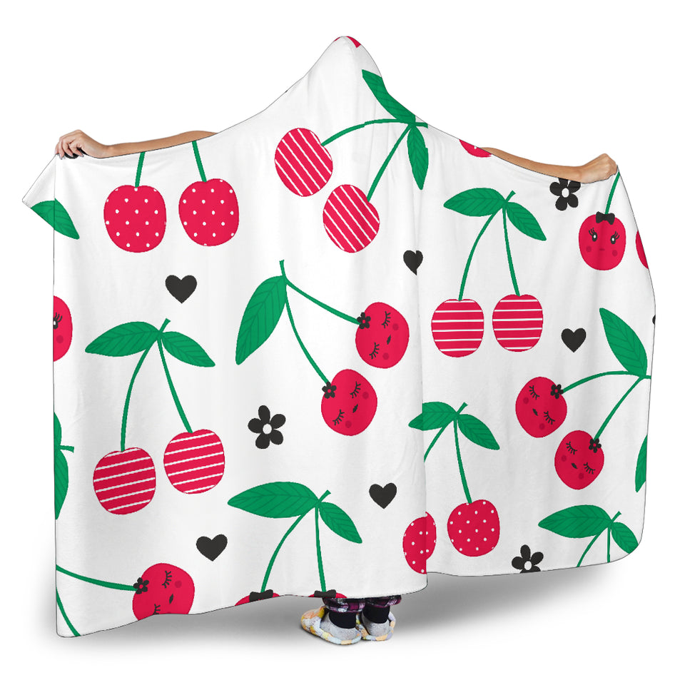 Cherry Pattern White Background Hooded Blanket