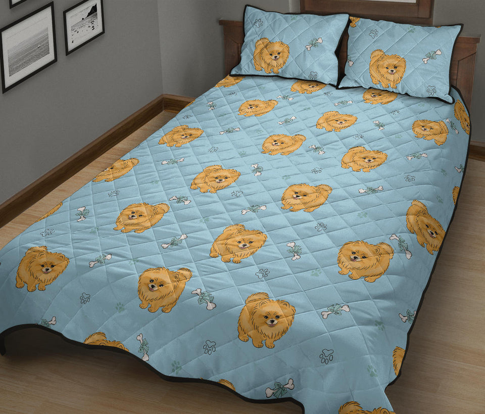 Brown cute pomeranian blue blackground Quilt Bed Set