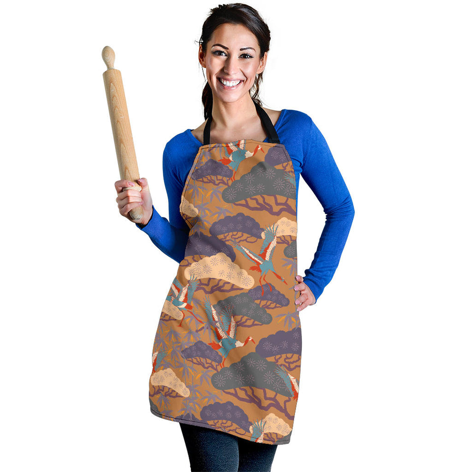 Bonsai Bamboo Stork Japanese Pattern Brown Theme Adjustable Apron