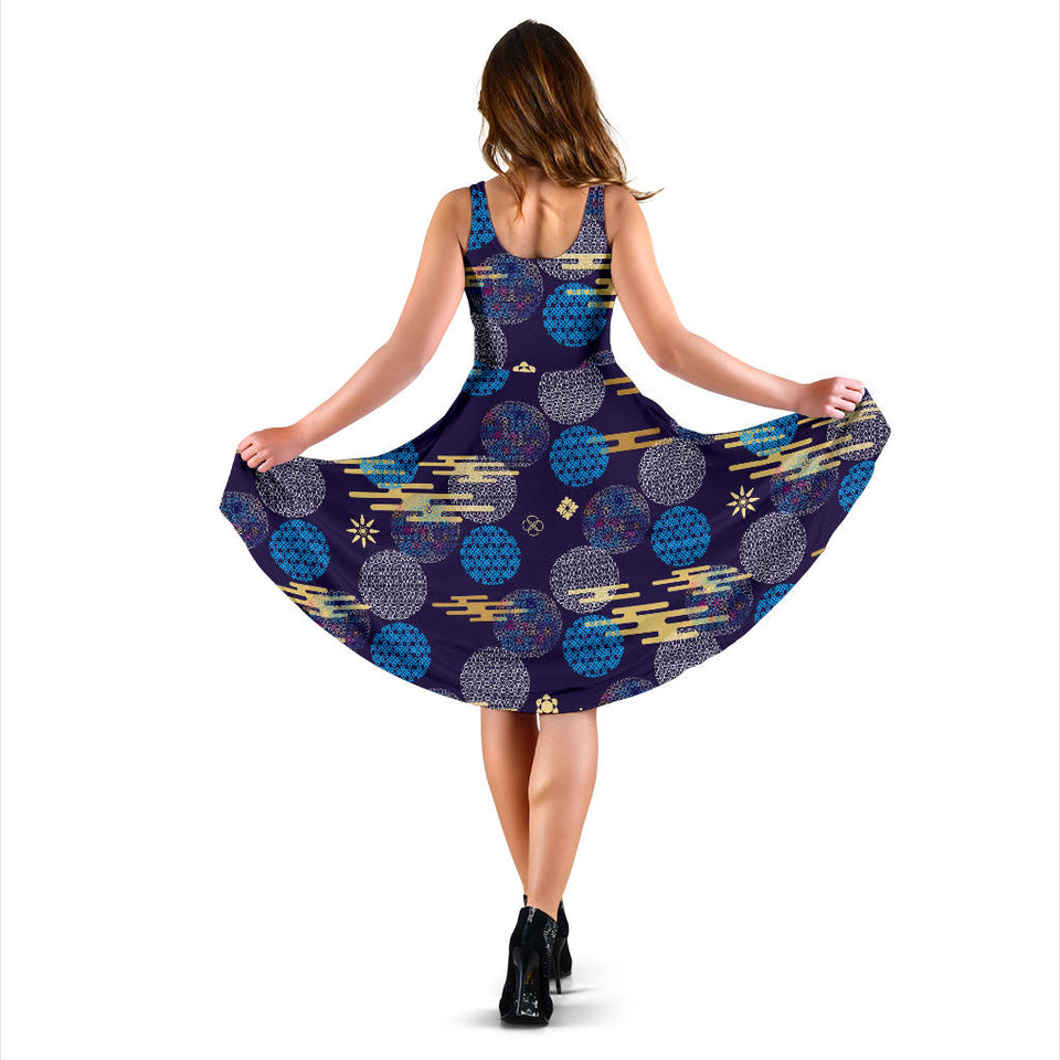 Blue Japanese Pattern Cloud Wave Flower Sleeveless Midi Dress