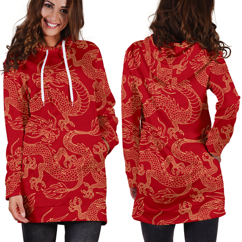 Gold Dragons Red Background Women'S Hoodie Dress