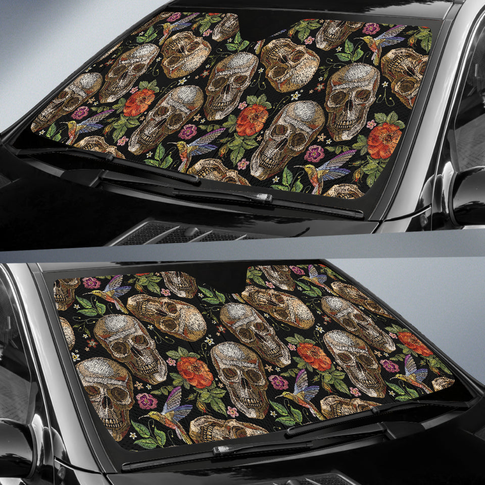 Skull Rose Humming Bird Flower Pattern Car Sun Shade