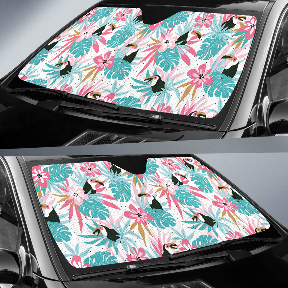 Toucan Tropical Flower Leave Pattern Car Sun Shade