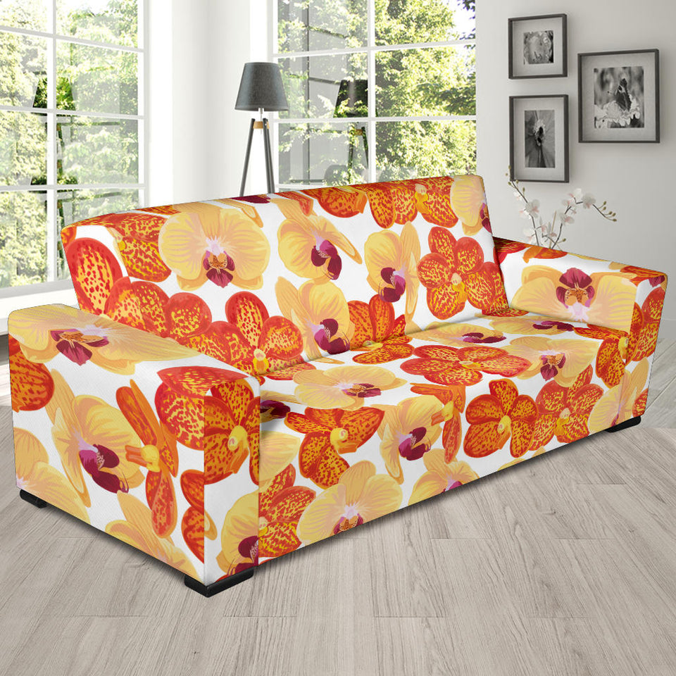Orange Yellow Orchid Flower Pattern Background Sofa Slipcover