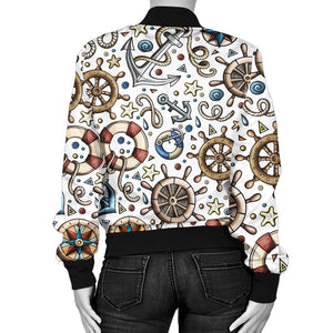 Cute Nautical Steering Wheel Anchor Pattern Women'S Bomber Jacket