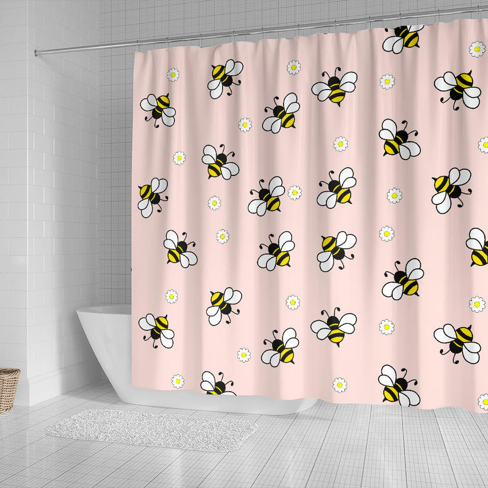 Cute Bee Flower Pattern Pink Background Shower Curtain Fulfilled In US