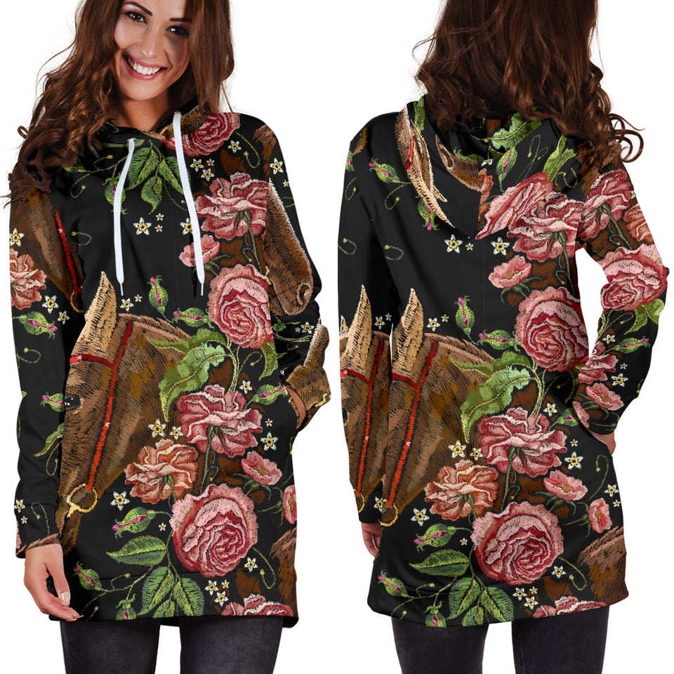 Horse Head Wild Roses Pattern Women'S Hoodie Dress