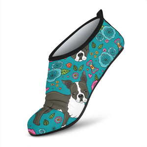 Boston Terrier Beautiful Flower Pattern Aqua Shoes