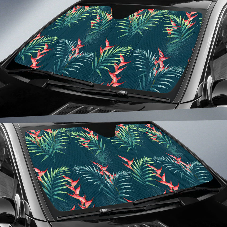 Heliconia Flowers, Palm And Monstera Leaves On Black Background Pattern Car Sun Shade