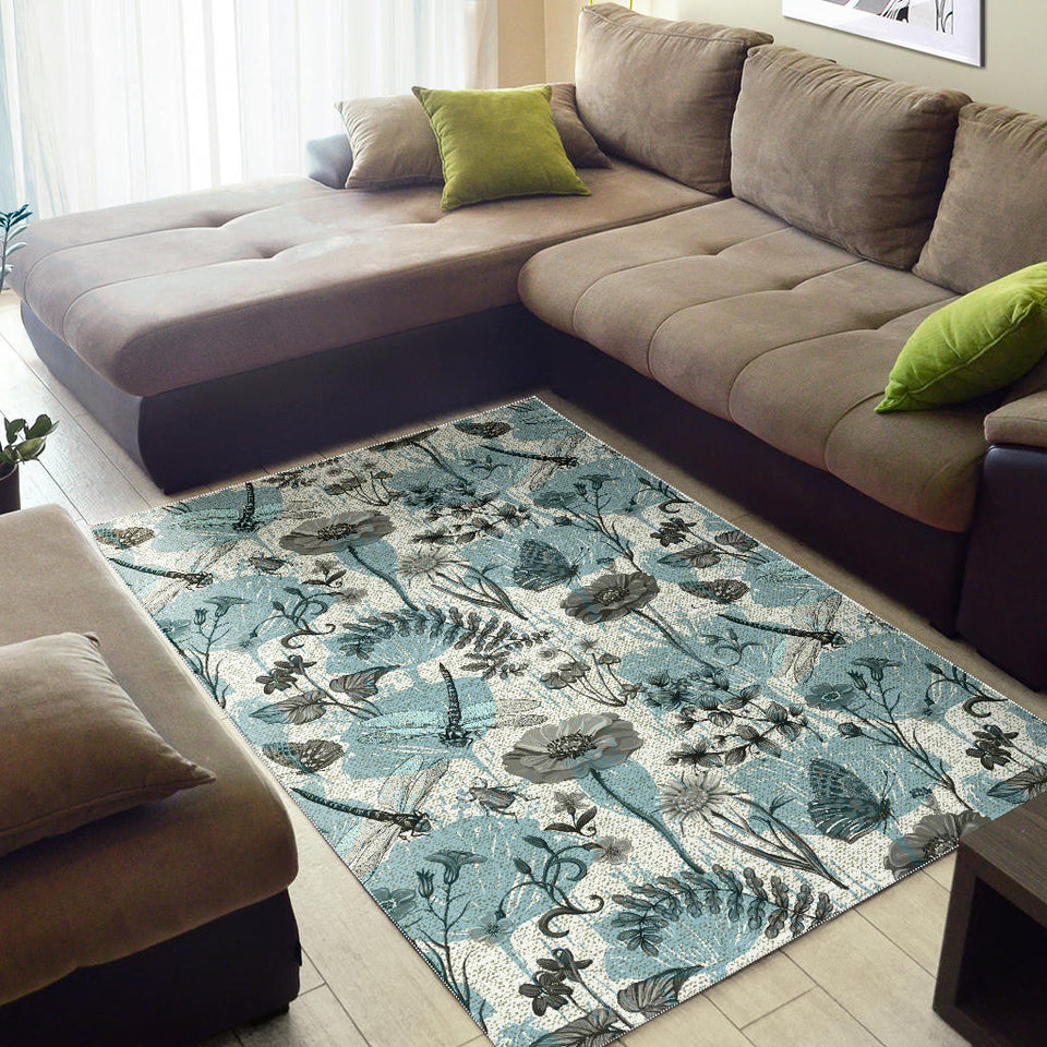 Dragonfly Butterfly Plants Insect Flower Vintage Style Pattern Area Rug