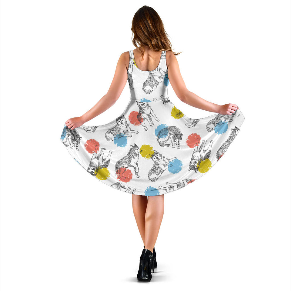 Siberian Husky And Colorful Circle Pattern Sleeveless Midi Dress