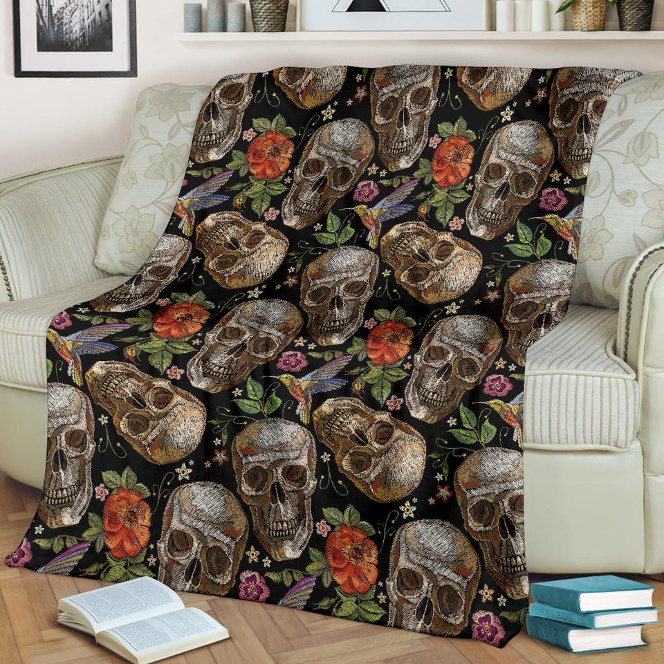 Skull Rose Humming Bird Flower Pattern Premium Blanket